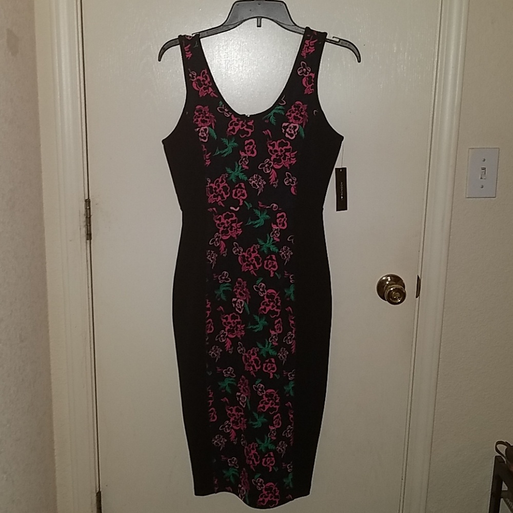 I♡Ronson Bodycon Black and Pink Flowered Dress